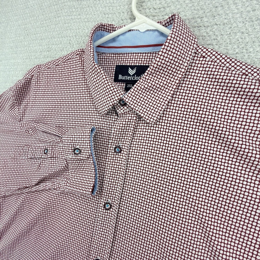 Buttercloth Shirt Mens 2XL Red Geometric Long Sleeve Button Up Stretch Cotton